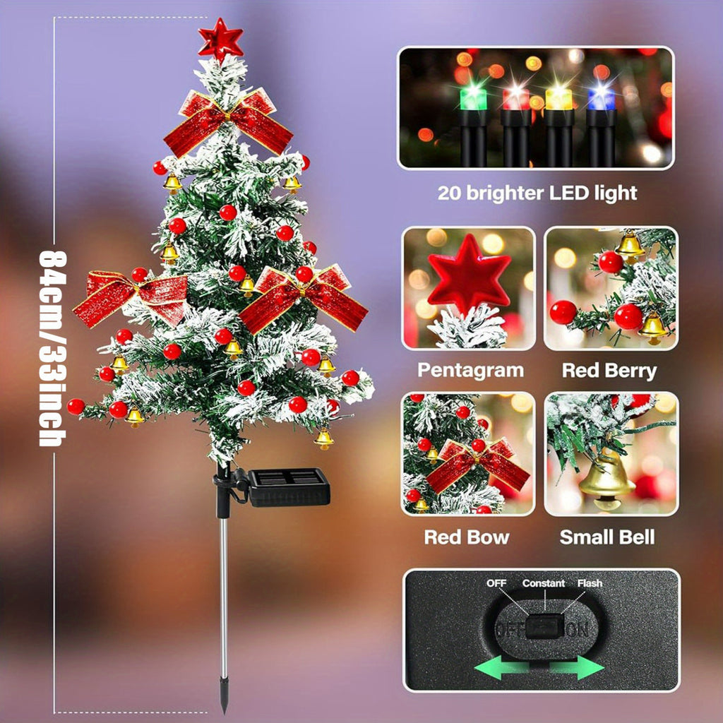 Cedar-Style Solar Holiday Tree Lights with Listed IP65 Rating and Star, Bow, Bell and Red Ball Decoration Wording, Two- or Four-Piece Labels for Lawn and Patio Decor