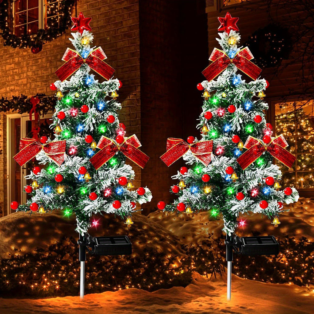 Cedar-Style Solar Holiday Tree Lights with Listed IP65 Rating and Star, Bow, Bell and Red Ball Decoration Wording, Two- or Four-Piece Labels for Lawn and Patio Decor