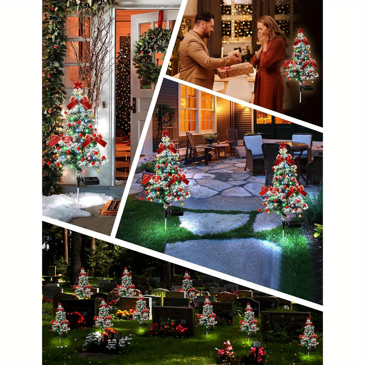 Cedar-Style Solar Holiday Tree Lights with Listed IP65 Rating and Star, Bow, Bell and Red Ball Decoration Wording, Two- or Four-Piece Labels for Lawn and Patio Decor