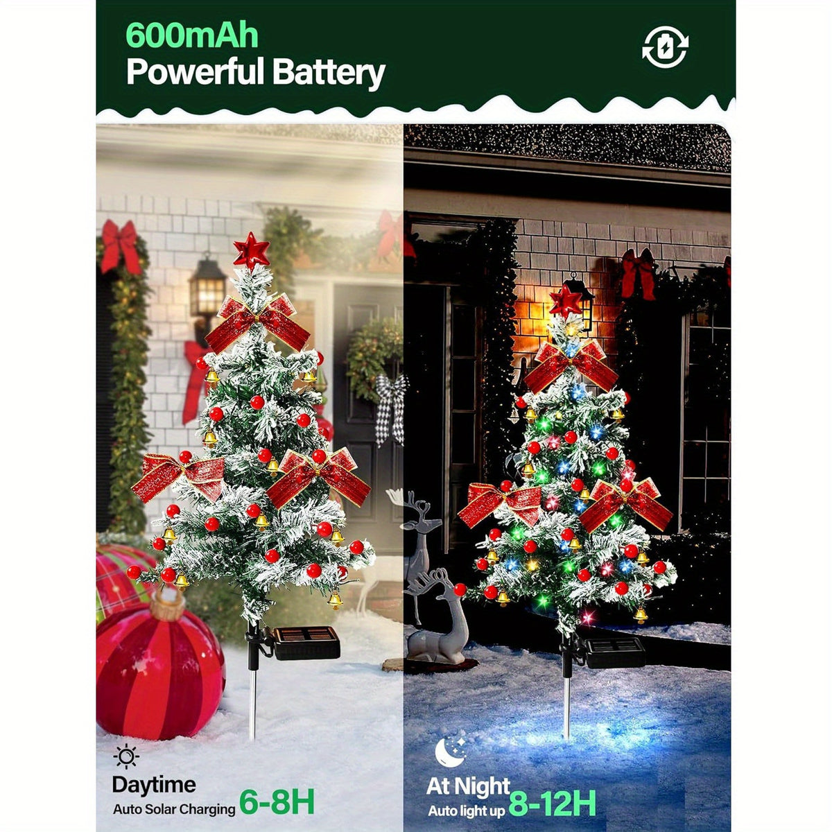 Cedar-Style Solar Holiday Tree Lights with Listed IP65 Rating and Star, Bow, Bell and Red Ball Decoration Wording, Two- or Four-Piece Labels for Lawn and Patio Decor