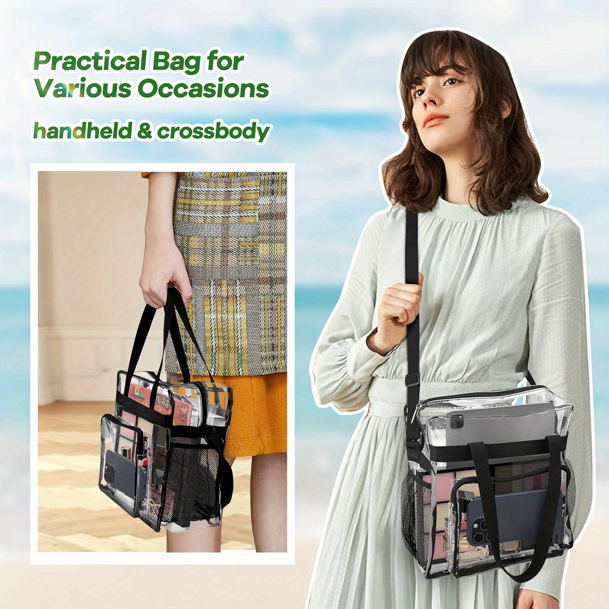Clear Lunch Bag with Shoulder Strap and Handle, Transparent PVC Snack Tote for Women and Men, Everyday Work Lunch Carry and Sporting Event Planning