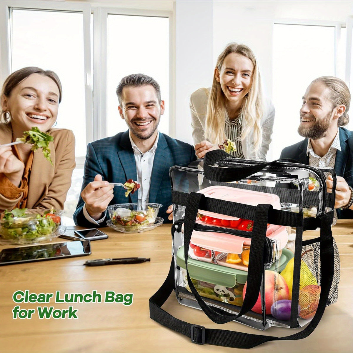 Clear Lunch Bag with Shoulder Strap and Handle, Transparent PVC Snack Tote for Women and Men, Everyday Work Lunch Carry and Sporting Event Planning
