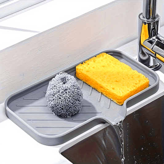 Silicone Kitchen Sink Tray for Soap and Sponges, Single-Piece Countertop Organizer with Medium and Large Size Labels for Everyday Sink-Side Storage