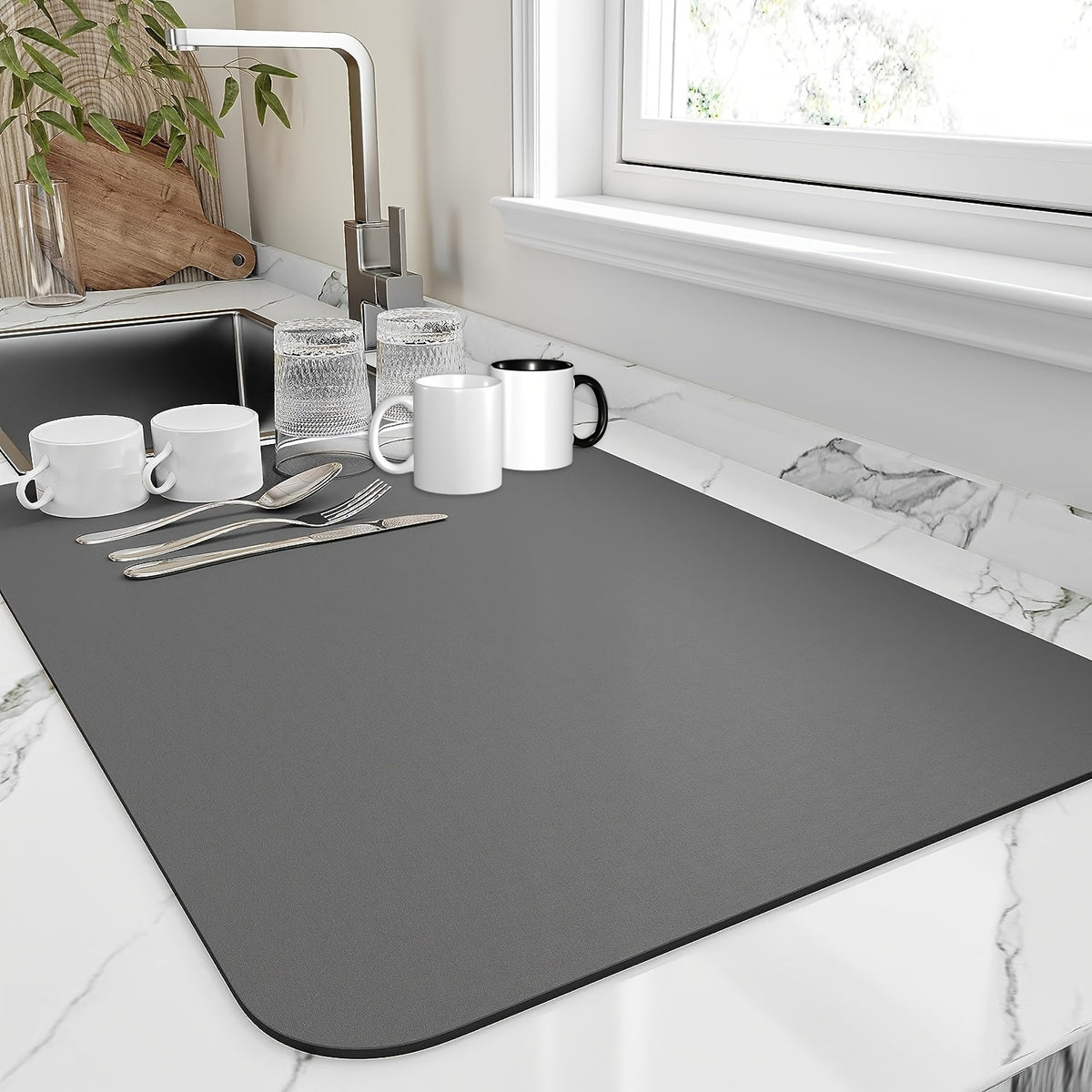 Dish Drying Pad in Grey or Blue, Kitchen Counter Mat with Listed Rubber Backing and Single or Four-Piece Pack Choices for Daily Cleanup