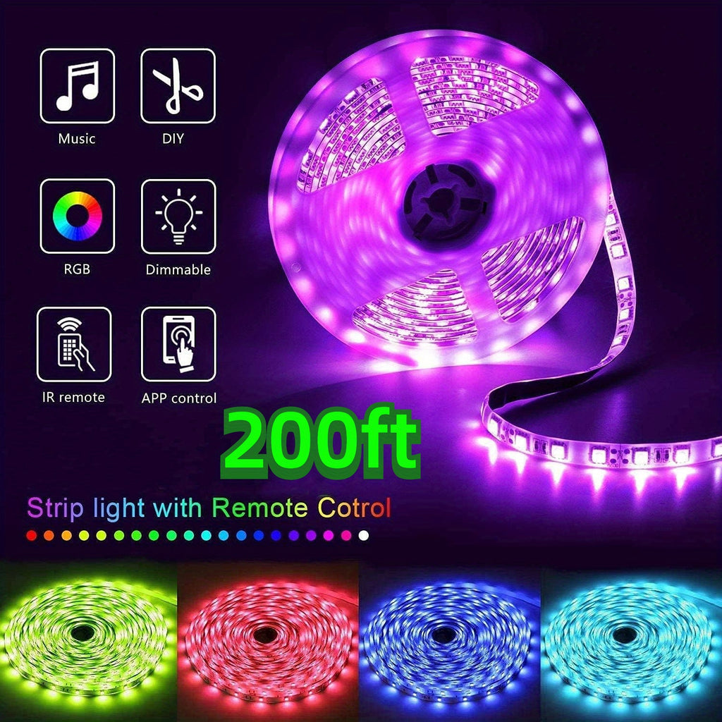 Color Changing Room LED Strip Lights, 200ft RGB with Listed 16 Million Colors, Music Sync, App and Remote Control, Timer for Party and Holiday Decor