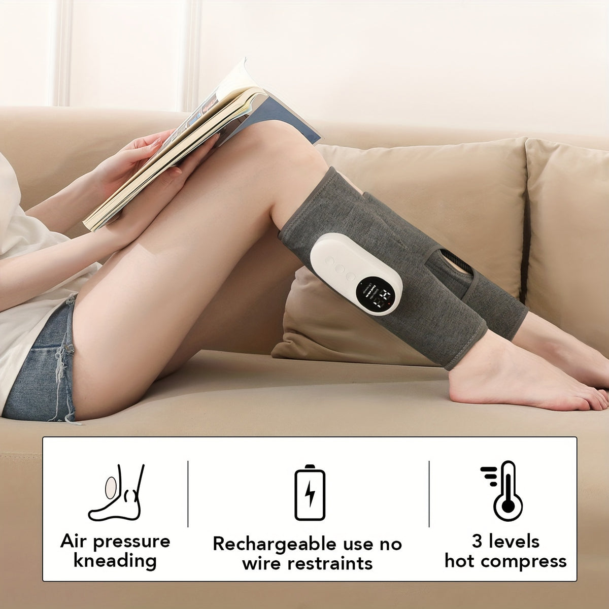 Single Gray Rechargeable Leg Massager with Listed Air Pressure and Automatic Kneading Wording, One-Piece Electric Device for Adult Personal Care Routines