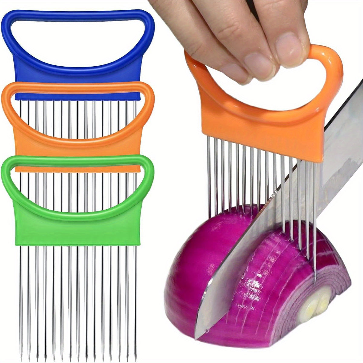 Onion Slicing Holder for Vegetable and Tomato Preparation, Kitchen Cutting Accessory with Blue, White, Green, Orange and Quantity Label Options