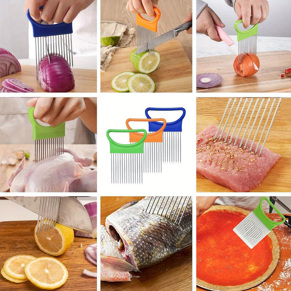 Onion Slicing Holder for Vegetable and Tomato Preparation, Kitchen Cutting Accessory with Blue, White, Green, Orange and Quantity Label Options
