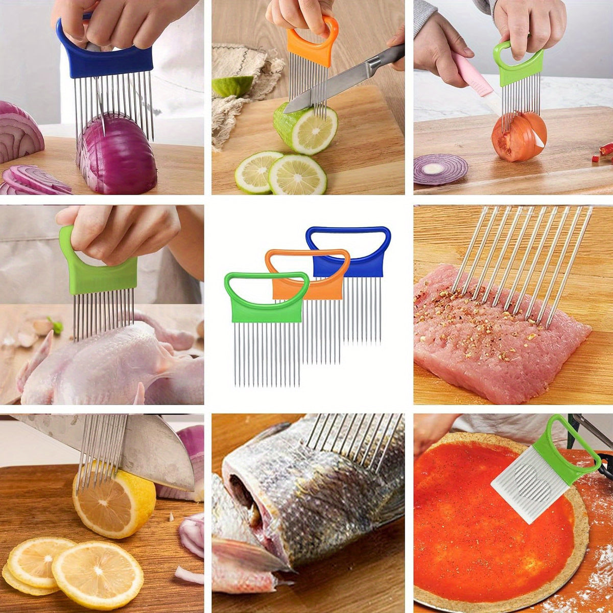 Onion Slicing Holder for Vegetable and Tomato Preparation, Kitchen Cutting Accessory with Blue, White, Green, Orange and Quantity Label Options