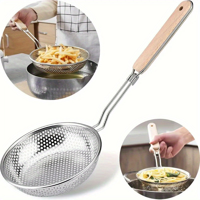 Wooden Handle Fine Mesh Strainer, Single Stainless Steel Kitchen Colander for Pasta and Vegetable Draining, Everyday Food Preparation at Home or Restaurants