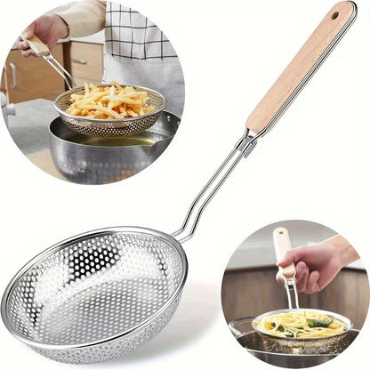 Wooden Handle Fine Mesh Strainer, Single Stainless Steel Kitchen Colander for Pasta and Vegetable Draining, Everyday Food Preparation at Home or Restaurants
