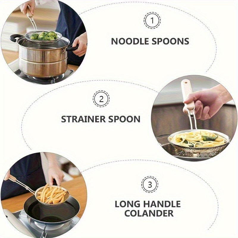 Wooden Handle Fine Mesh Strainer, Single Stainless Steel Kitchen Colander for Pasta and Vegetable Draining, Everyday Food Preparation at Home or Restaurants