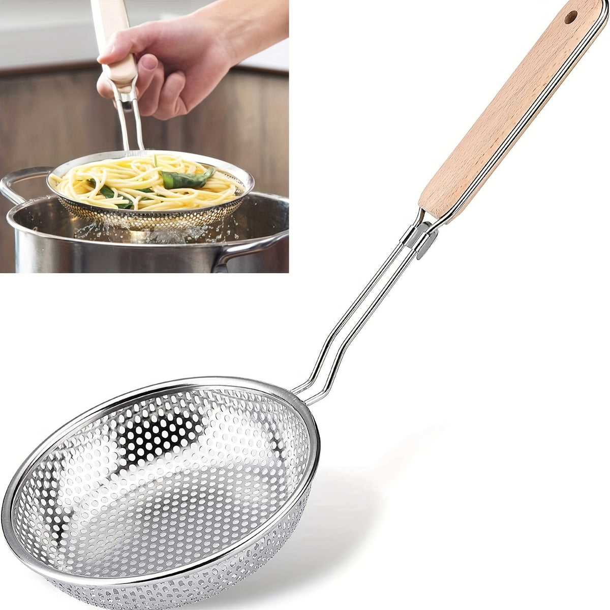 Wooden Handle Fine Mesh Strainer, Single Stainless Steel Kitchen Colander for Pasta and Vegetable Draining, Everyday Food Preparation at Home or Restaurants
