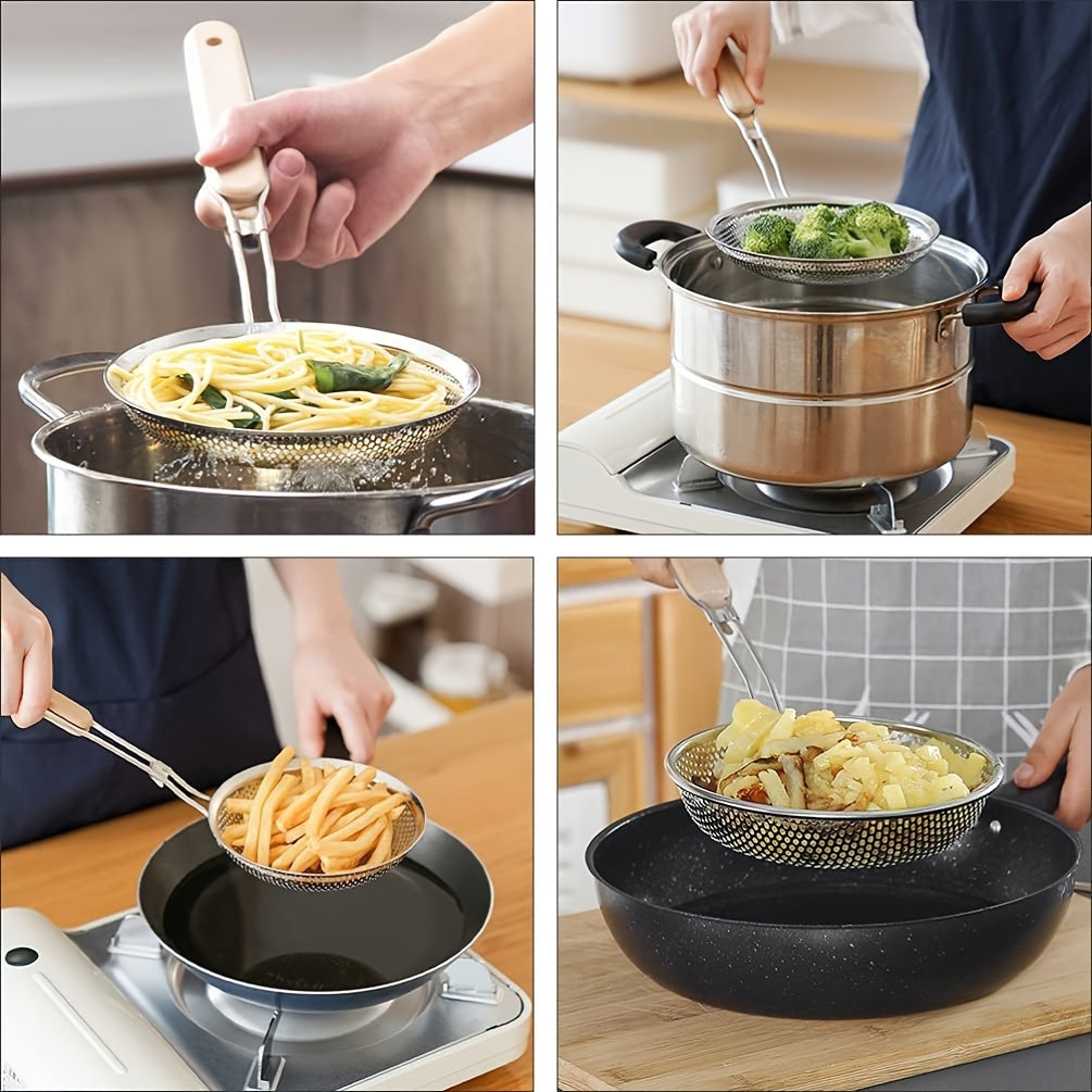 Wooden Handle Fine Mesh Strainer, Single Stainless Steel Kitchen Colander for Pasta and Vegetable Draining, Everyday Food Preparation at Home or Restaurants