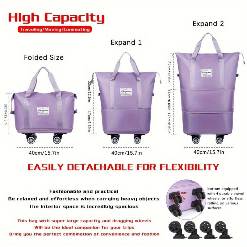 Wheeled Travel Storage Bag with Foldable Nylon Design, One-Piece Blue, Black, Pink or Purple Options for Vacation Clothing Packing and Home Organization