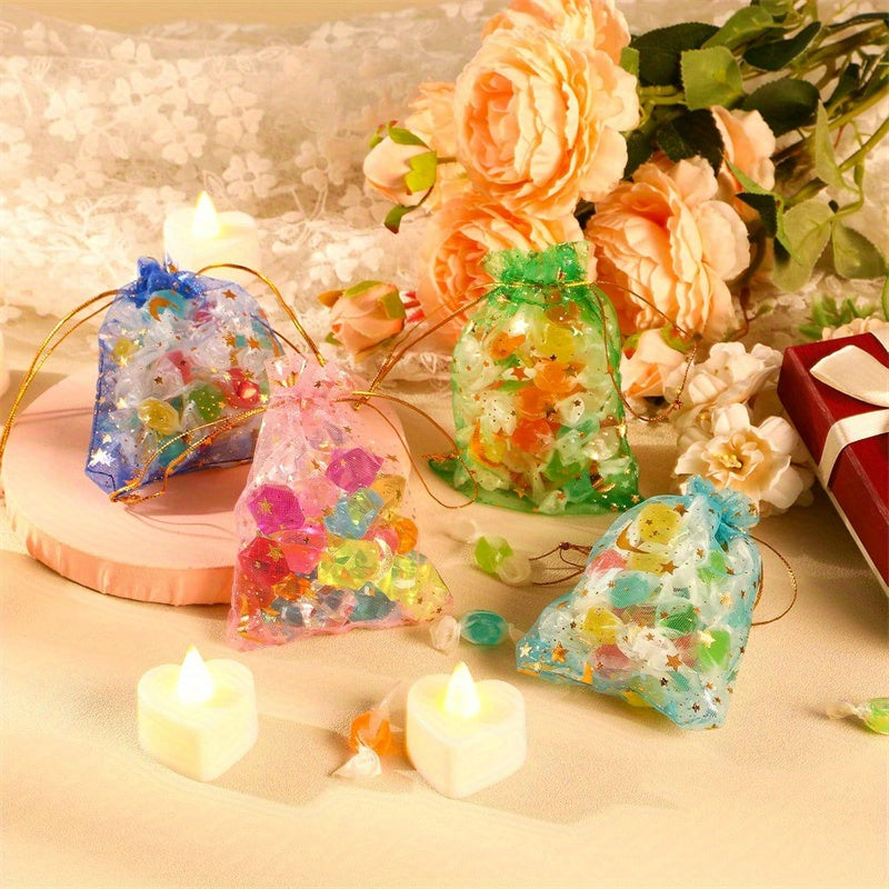Organza Gift Bags 100-Pack with Moon and Star Design, 2.8 x 3.5 Inch Mixed Color Drawstring Pouches for Wedding Favors, Jewelry and Holiday Parties