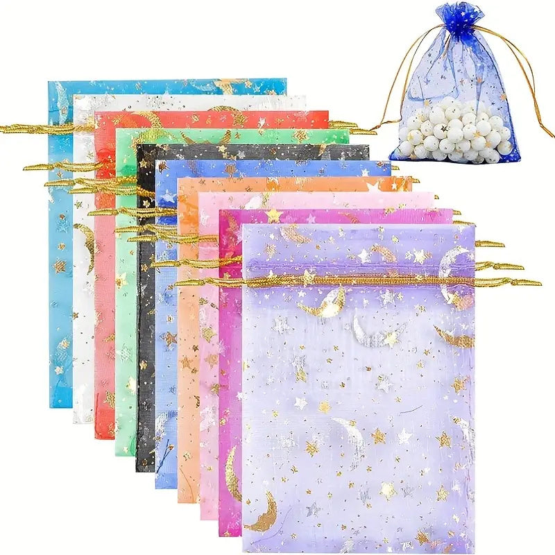Organza Gift Bags 100-Pack with Moon and Star Design, 2.8 x 3.5 Inch Mixed Color Drawstring Pouches for Wedding Favors, Jewelry and Holiday Parties