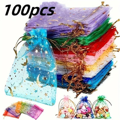 Organza Gift Bags 100-Pack with Moon and Star Design, 2.8 x 3.5 Inch Mixed Color Drawstring Pouches for Wedding Favors, Jewelry and Holiday Parties