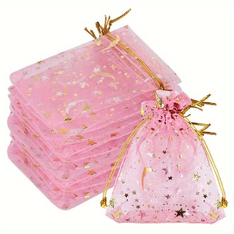 Organza Gift Bags 100-Pack with Moon and Star Design, 2.8 x 3.5 Inch Mixed Color Drawstring Pouches for Wedding Favors, Jewelry and Holiday Parties