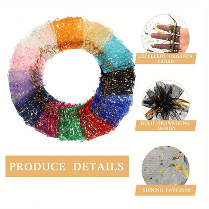 Organza Gift Bags 100-Pack with Moon and Star Design, 2.8 x 3.5 Inch Mixed Color Drawstring Pouches for Wedding Favors, Jewelry and Holiday Parties