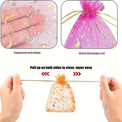 Organza Gift Bags 100-Pack with Moon and Star Design, 2.8 x 3.5 Inch Mixed Color Drawstring Pouches for Wedding Favors, Jewelry and Holiday Parties