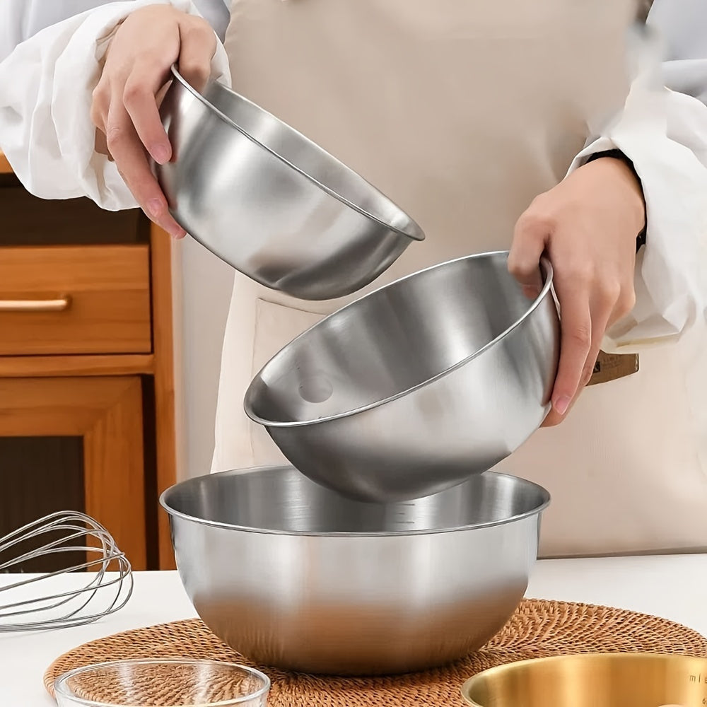 Mixing Bowls with Measuring Marks, Three-Piece Polished Stainless Steel Set in Small, Medium and Large Sizes for Baking, Salad Mixing and Kitchen Prep