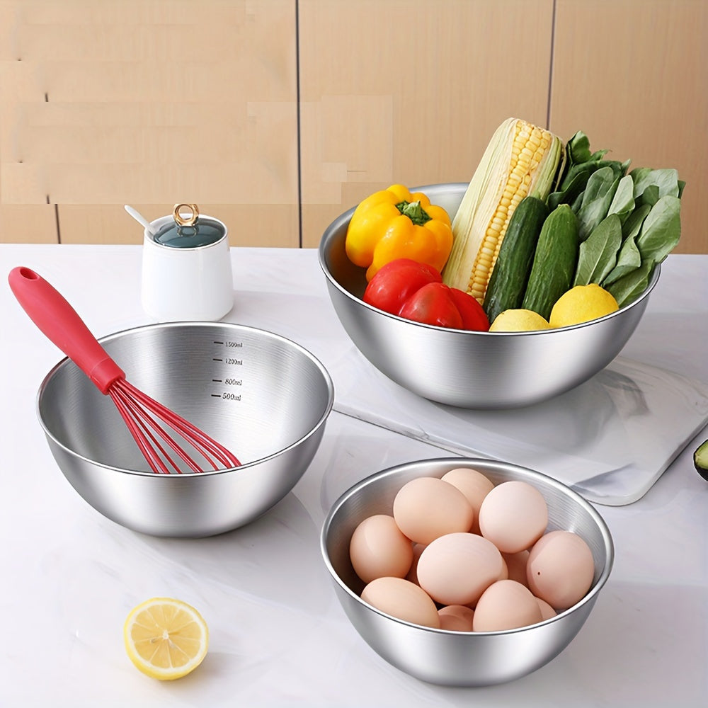 Mixing Bowls with Measuring Marks, Three-Piece Polished Stainless Steel Set in Small, Medium and Large Sizes for Baking, Salad Mixing and Kitchen Prep