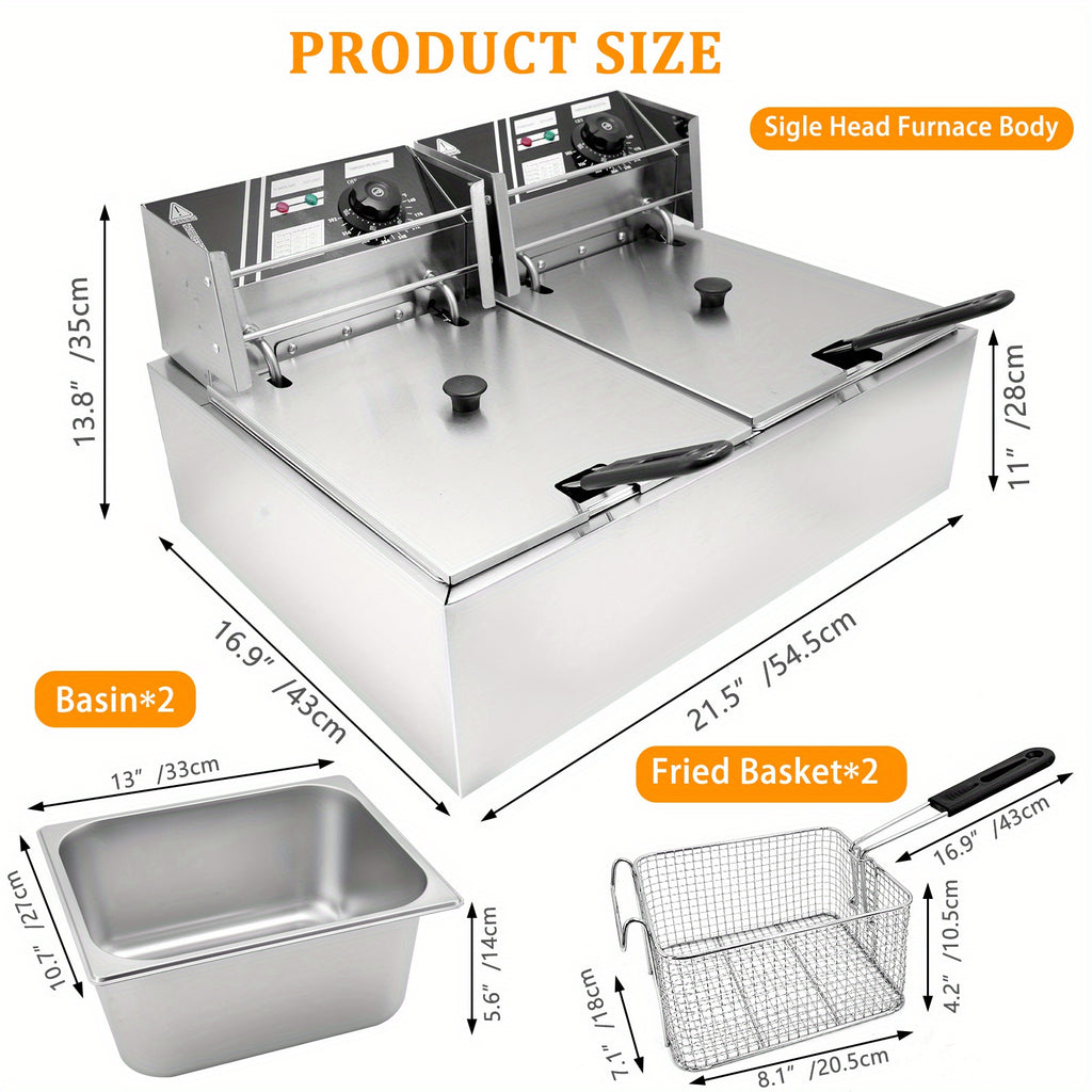Commercial Electric Deep Fryer with Removable Tank and Lid, Stainless Steel Countertop Frying Appliance in Listed 12L Capacity for Kitchen Food Preparation
