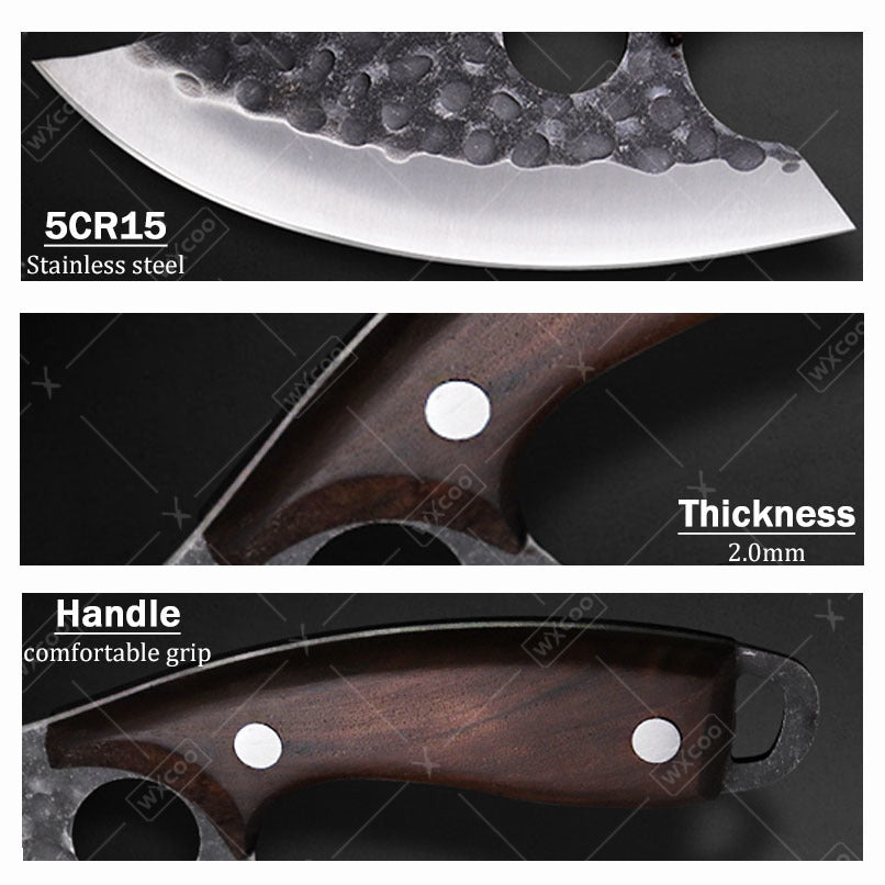 Three Piece Chef Knife Set with Listed 5Cr15MoV Stainless Steel Blades and Hammered Texture for Meat, Fish, Vegetable Preparation and Backyard BBQ Cooking