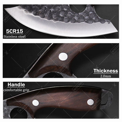 Three Piece Chef Knife Set with Listed 5Cr15MoV Stainless Steel Blades and Hammered Texture for Meat, Fish, Vegetable Preparation and Backyard BBQ Cooking