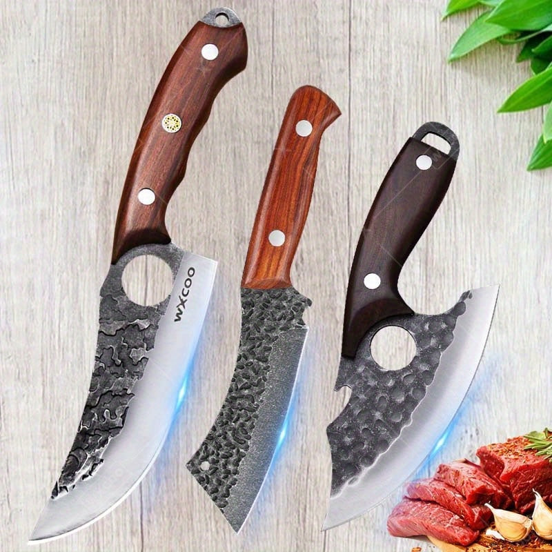 Three Piece Chef Knife Set with Listed 5Cr15MoV Stainless Steel Blades and Hammered Texture for Meat, Fish, Vegetable Preparation and Backyard BBQ Cooking