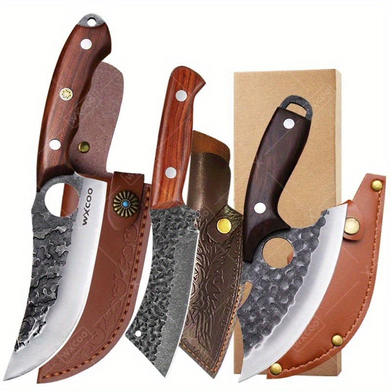 Three Piece Chef Knife Set with Listed 5Cr15MoV Stainless Steel Blades and Hammered Texture for Meat, Fish, Vegetable Preparation and Backyard BBQ Cooking