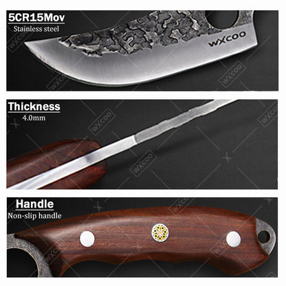 Three Piece Chef Knife Set with Listed 5Cr15MoV Stainless Steel Blades and Hammered Texture for Meat, Fish, Vegetable Preparation and Backyard BBQ Cooking