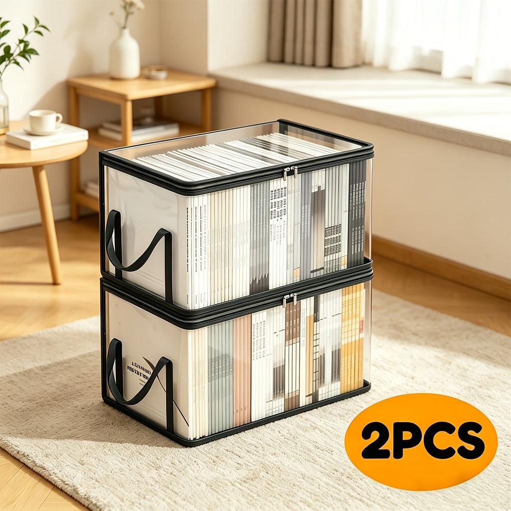 Transparent Book Storage Boxes, Listed Two-Piece Foldable Plastic Organizer Set with Black Option Label for Compatible Books, Clothing and Home Office Sorting