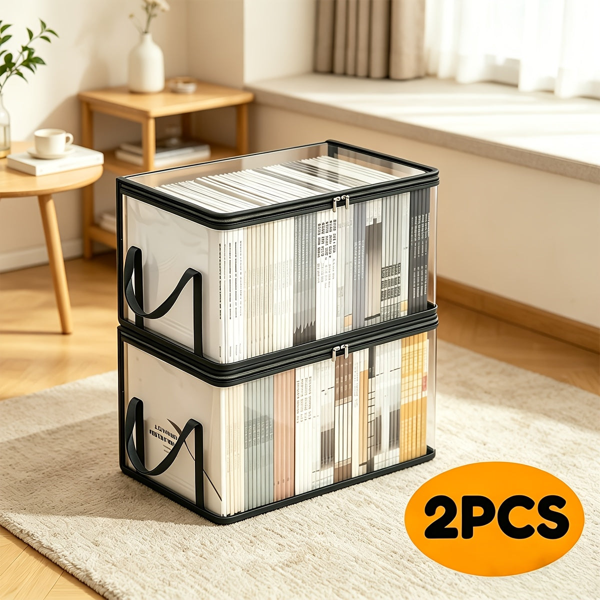 Transparent Book Storage Boxes, Listed Two-Piece Foldable Plastic Organizer Set with Black Option Label for Compatible Books, Clothing and Home Office Sorting