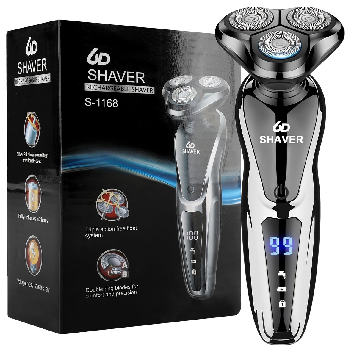 LED Display Men's Shaver in Black, Listed Rechargeable Cordless Electric Razor with 3D Floating Design and Two-Piece Option for Home and Travel Grooming
