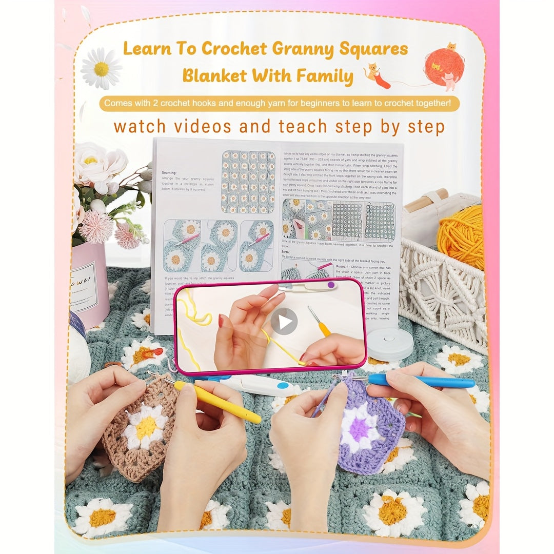 Daisy Blanket Crochet Kit for Beginners, Green Granny Square Project with Listed 19 x 50g Yarn, Two Ergonomic Hooks and Step-by-Step Diagram Instructions for DIY Crafting
