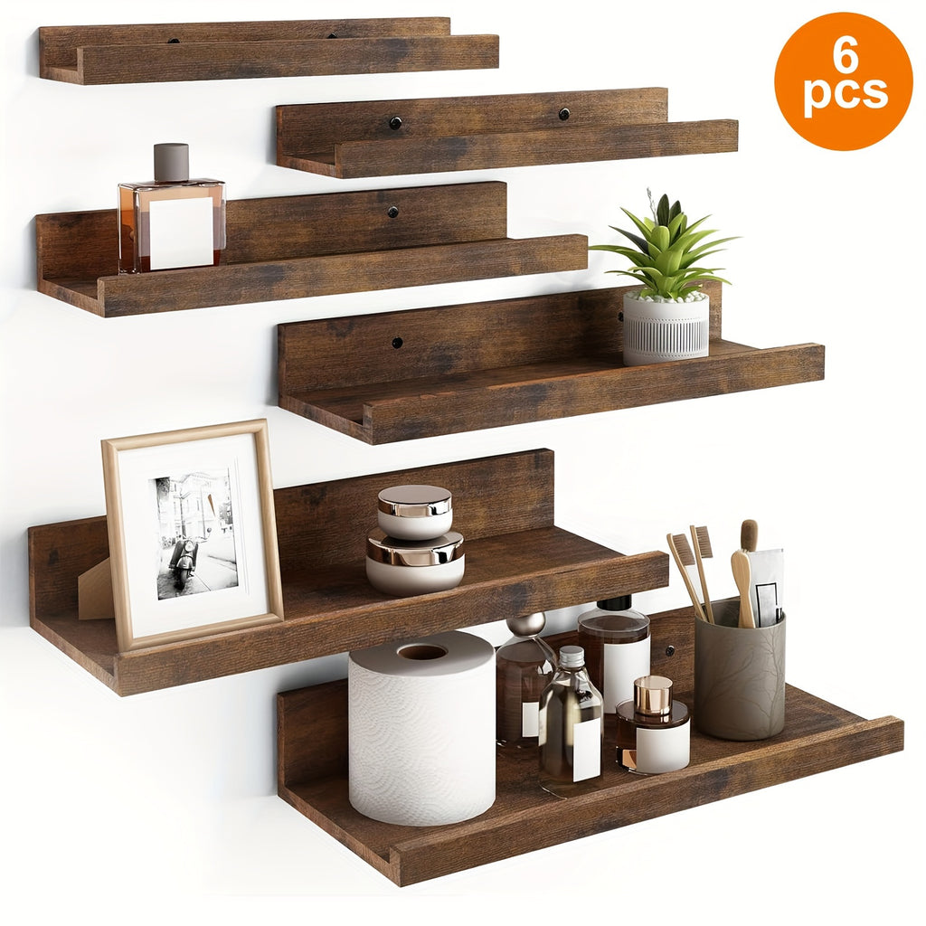 Six-Size Floating Wall Shelf Set with White, Brown or Black Options, Six Listed Wall-Mounted Shelves for Bedroom Organization and Decorative Home Displays