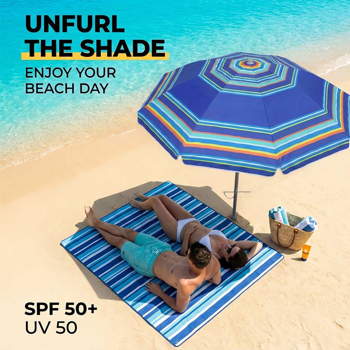 7ft Beach Umbrella with Sand Anchor and Tilt Adjustment, Vented Oxford Cloth Canopy with Fiberglass Ribs in Solid Blue, Baby Blue Stripes or Dark Blue Stripes