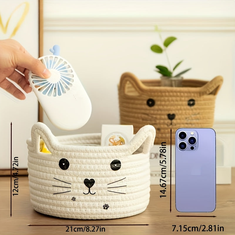 Cat Face Woven Cotton Storage Basket, Single Desktop and Shelf Organizer in Six Color Options for Bedroom, College Dorm and Office Everyday Essentials
