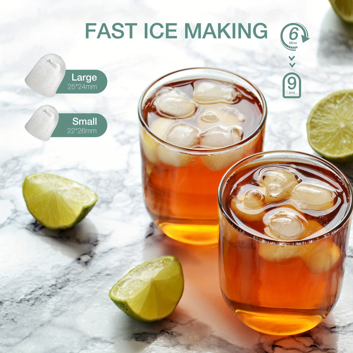 Compact Bullet Ice Maker, 9 Cubes in 6 Minutes and 26.5 lbs Daily Output, Self-Cleaning Ice Machine with Basket and Scoop for Home, Parties and RV Use