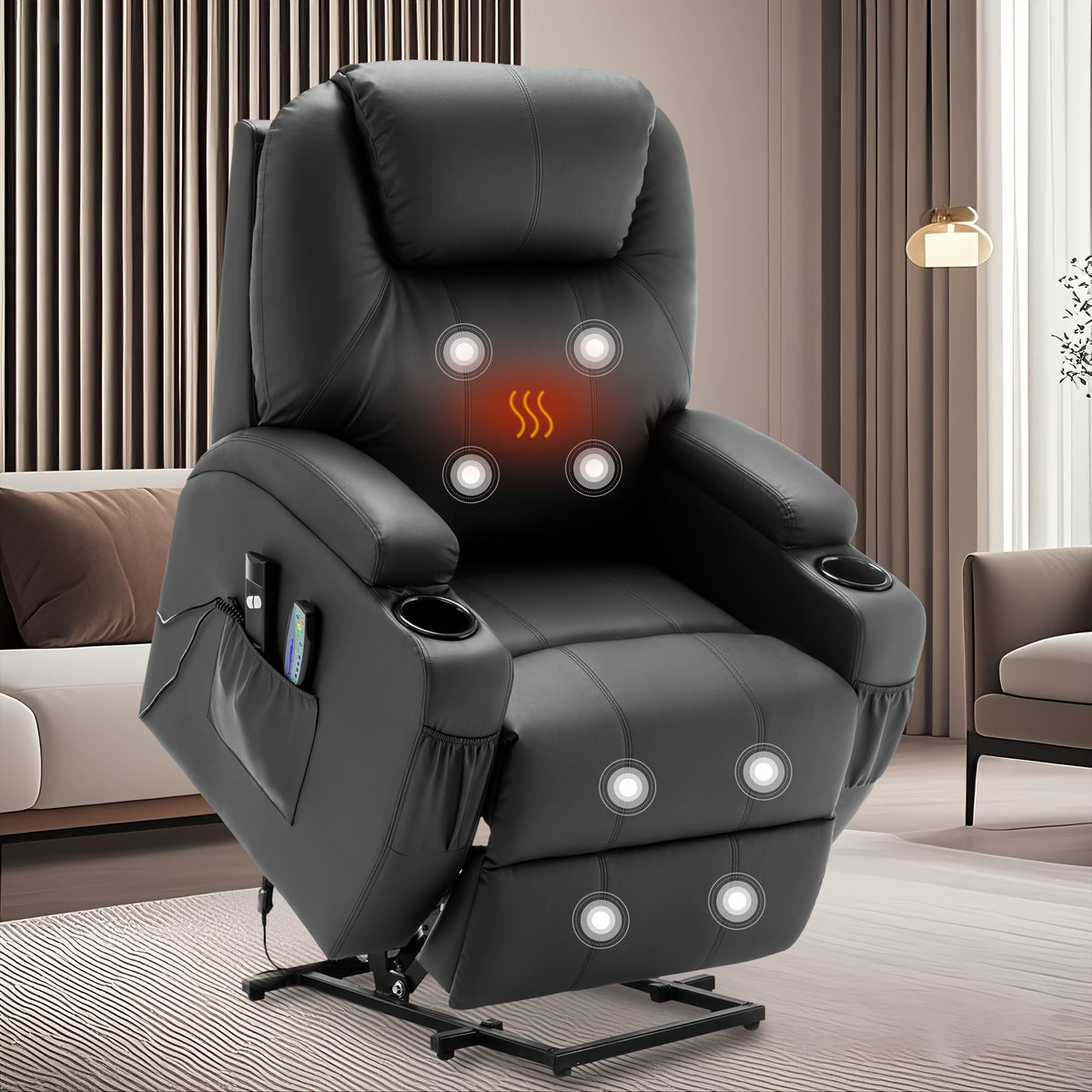 Power Lift Recliner Chair with Massage and Heating Functions, Remote Control and Cup Holder for Home Relaxation, Color and Upholstery Label Options