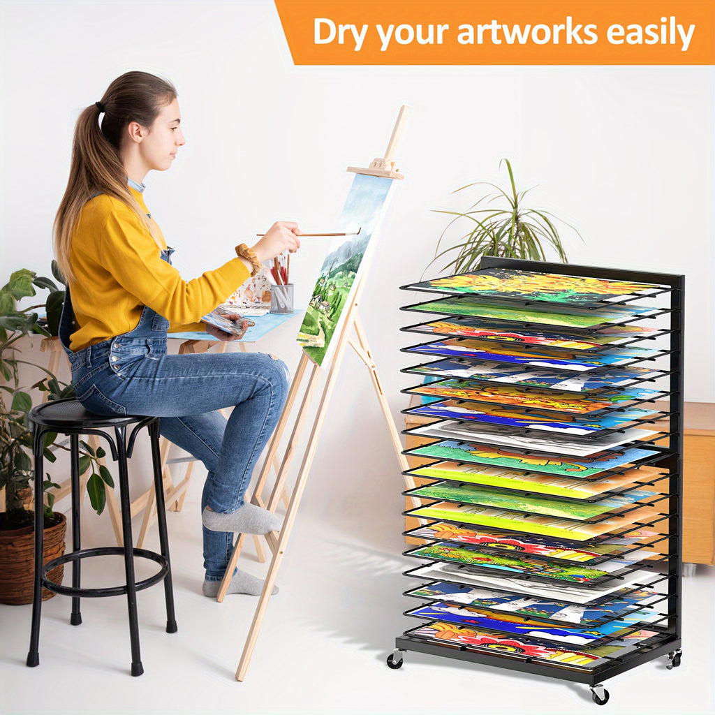 Art Drying Rack, 18-Tier Black Metal Painting Organizer for Studio Artwork Storage, Classroom Projects and Adult-Managed Preschool Craft Spaces
