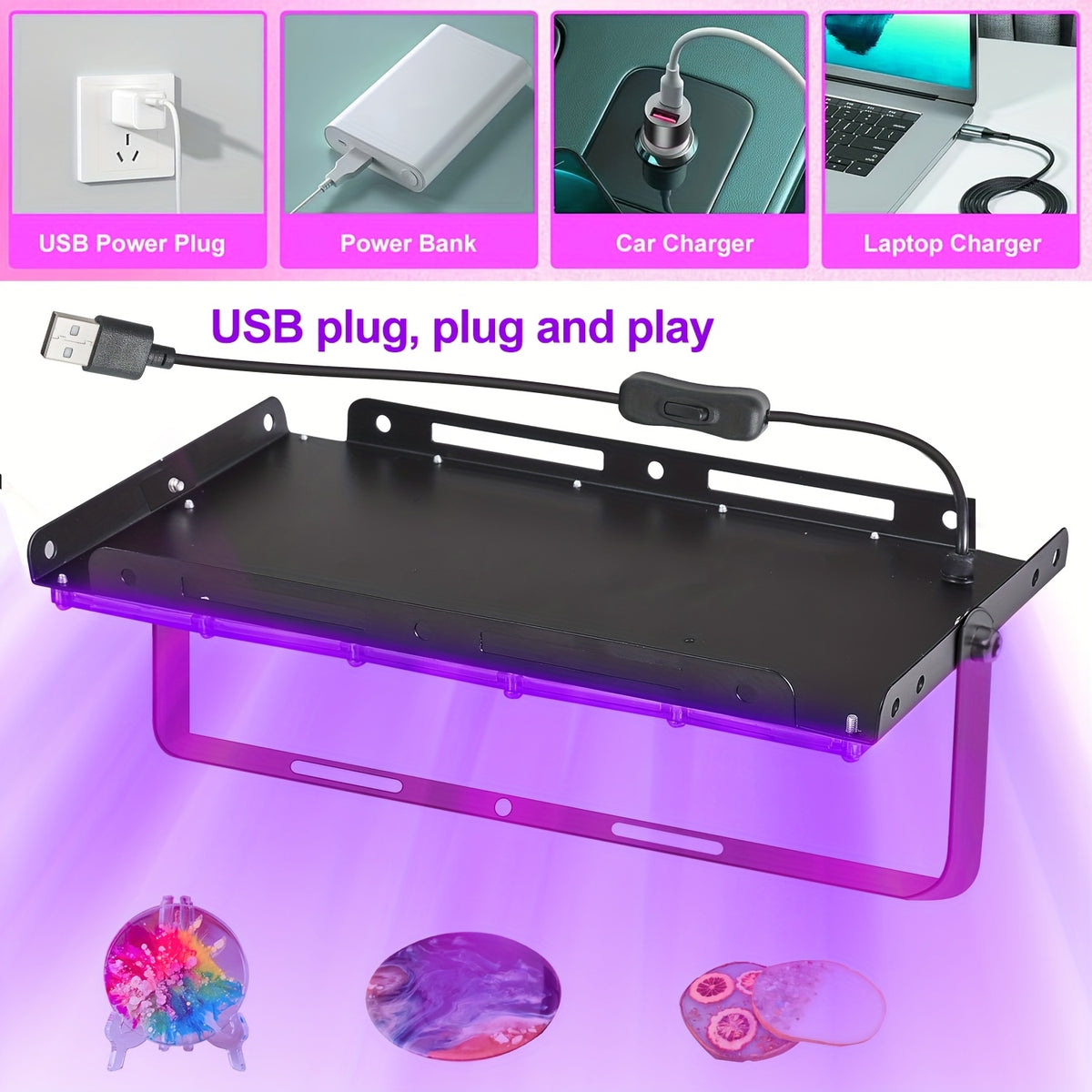USB Resin Curing Lamp with 96 LEDs, Listed 5V Power Input, Cord and Switch in Dark Violet or Purple for Compatible Resin Jewelry, Molds and DIY Craft Projects