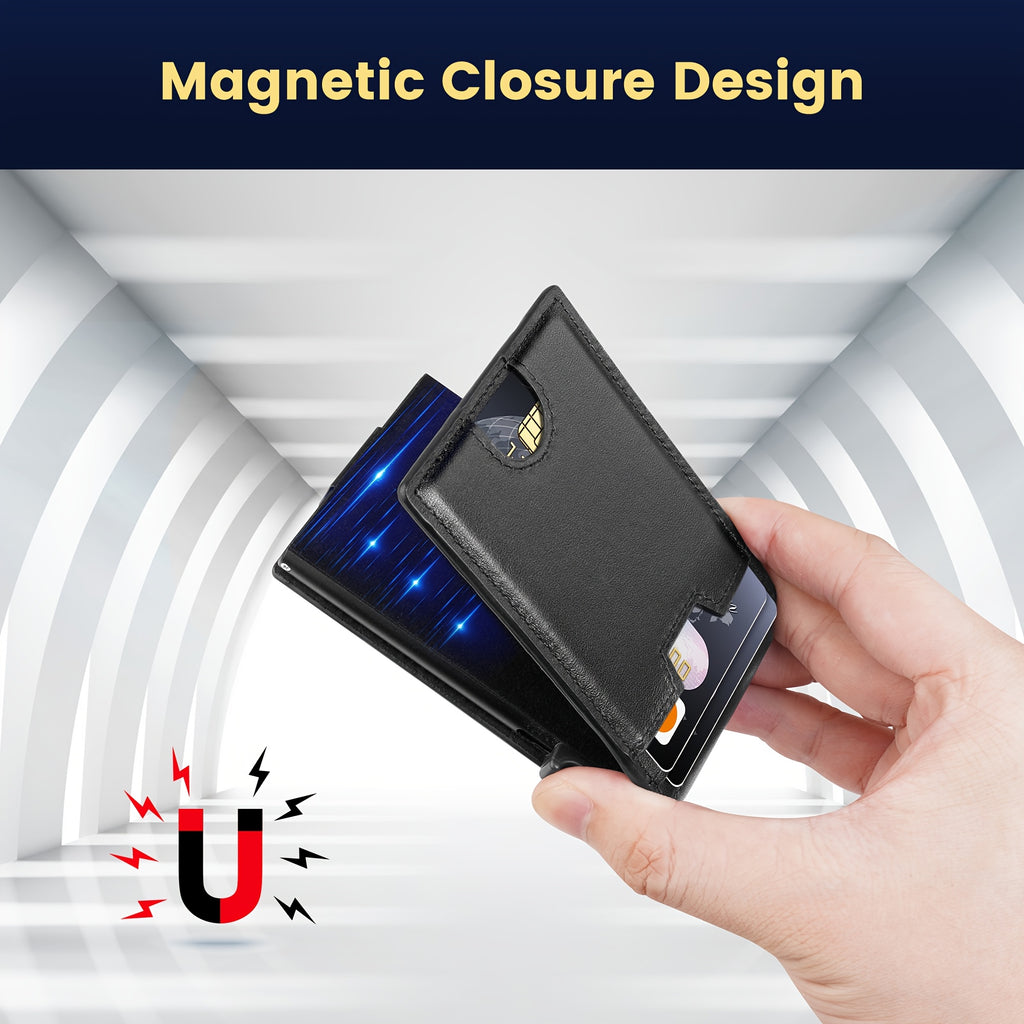 Pop Up Card Wallet for Men with Money Clip and ID Window, Slim Aluminum Bifold Credit Card Holder with Listed RFID Blocking Design for Everyday Carry