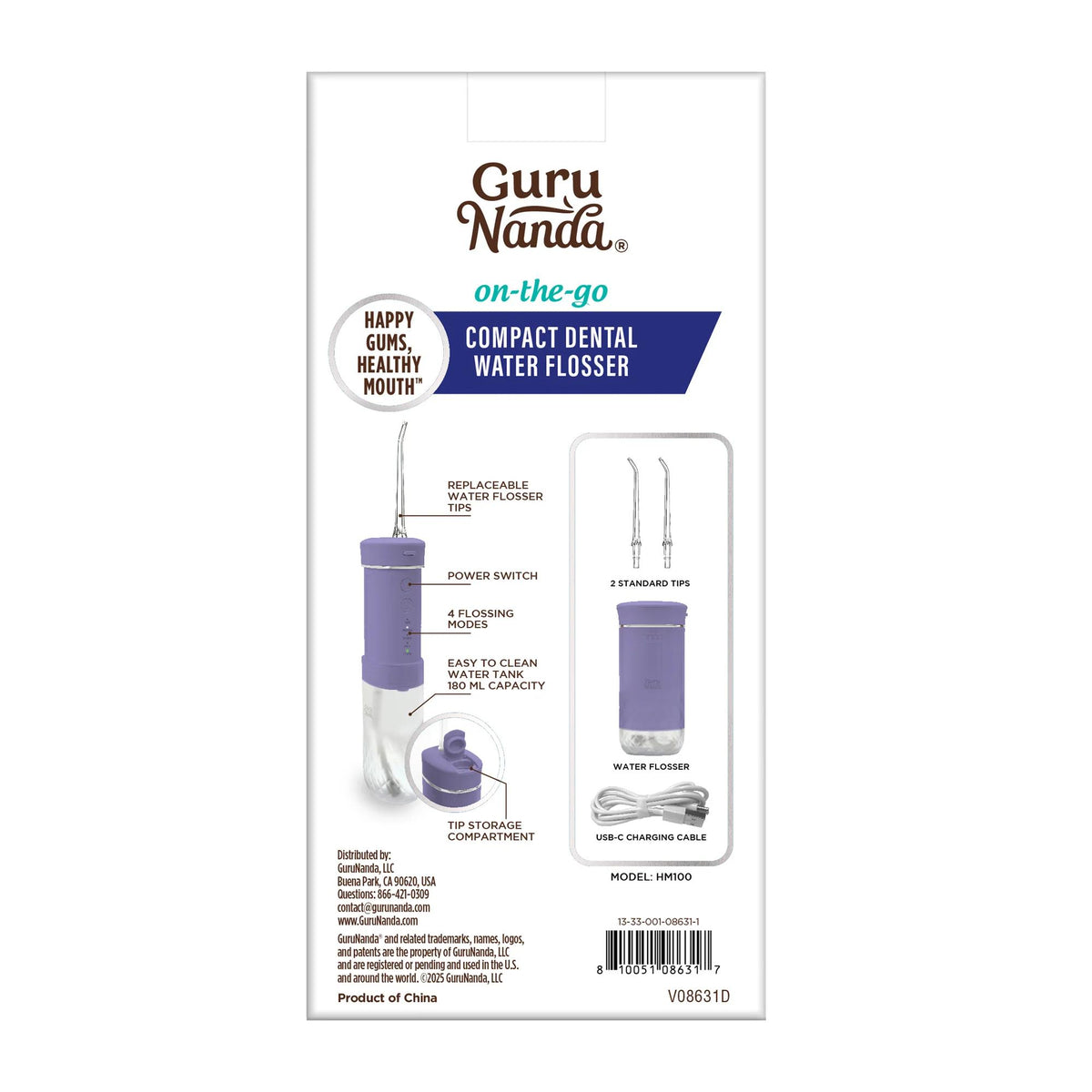 GuruNanda Compact Travel Water Flosser, Portable Cordless Oral Irrigator with Collapsible 180ml Tank, 4 Flossing Modes, 1800 Pulses Per Minute and Smart Timer, TSA-Approved Rechargeable Dental Flosser for Home and Travel, Lavender