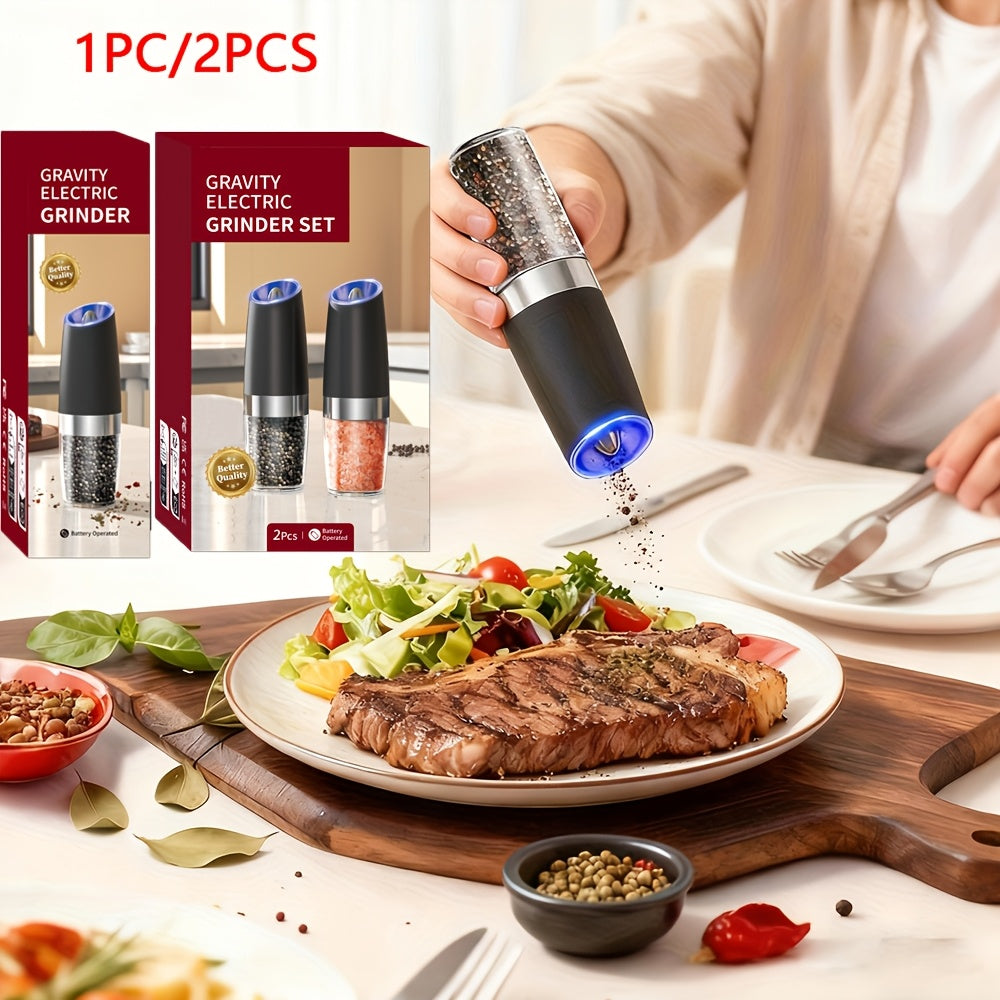 Electric Salt and Pepper Mill with Adjustable Coarseness and LED Light for Kitchen Seasoning, Single or Two-Piece Selections with Gravity-Sensing and USB Option Labels