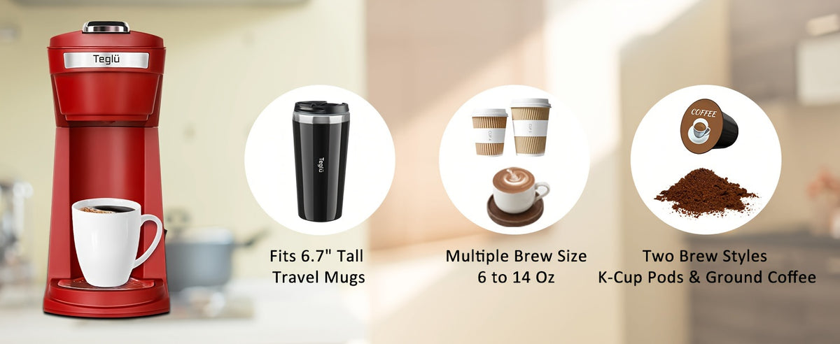 Single Serve Coffee Maker 2 in 1 for K Cup Pods & Ground Coffee, One-Button 2-Minute Brew, 6-14 oz Sizes, Auto Off, Compact for Office, Travel & Dorm, 4 Colors