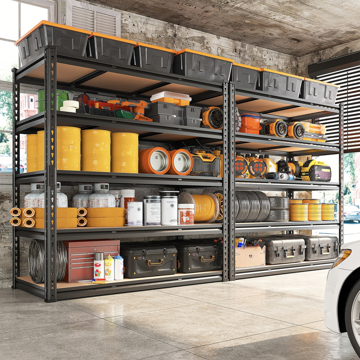 Adjustable Storage Shelving by REIBII with Five Wood-Board Tiers and Black Metal Frame, Garage and Pantry Organizer with Height and Two-Piece Pack Options