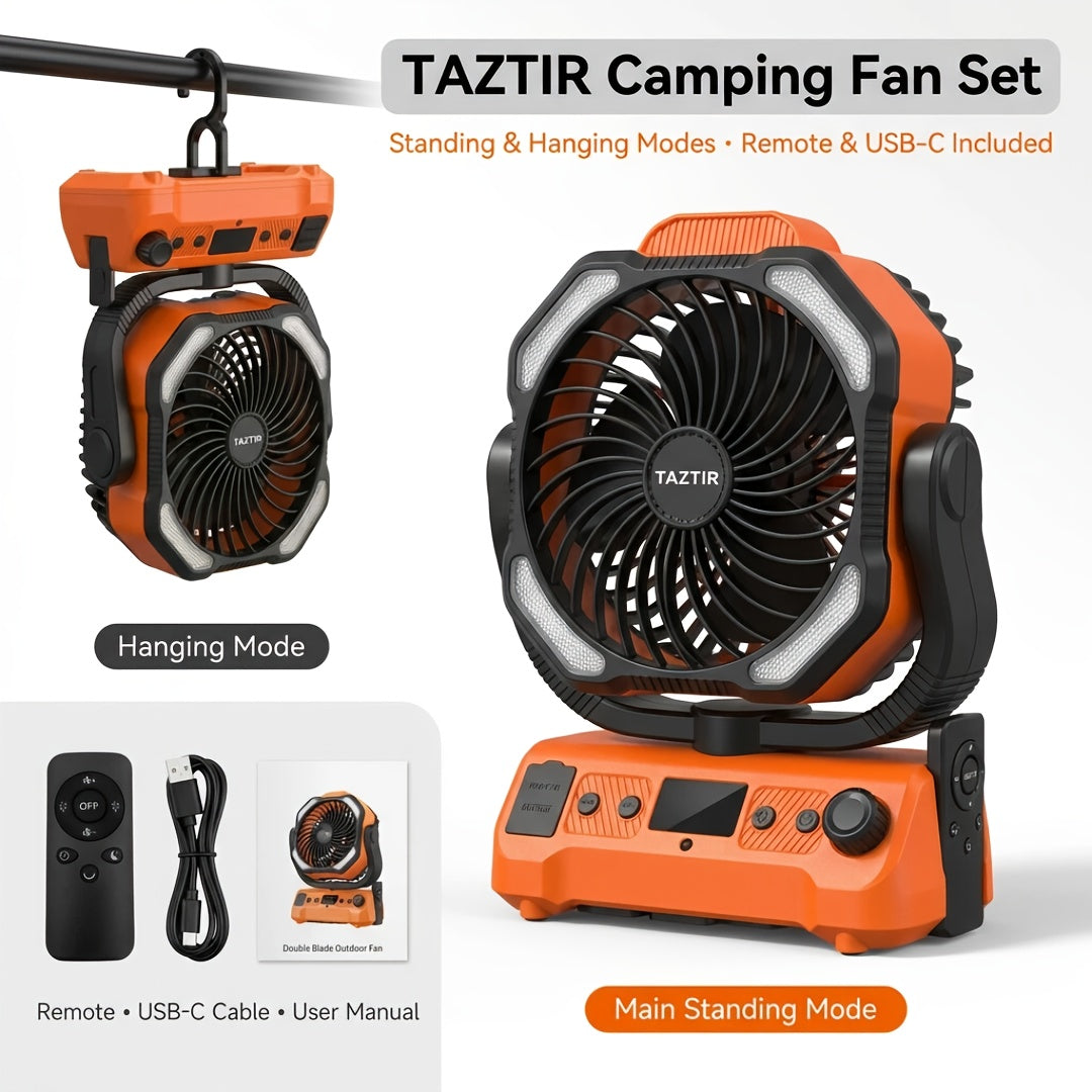 TAZTIR Camping Fan with Listed 20000mAh Battery, Basic or Mist Models in Black or Orange and a Mist+Scalable Option for Tent and Campsite Airflow